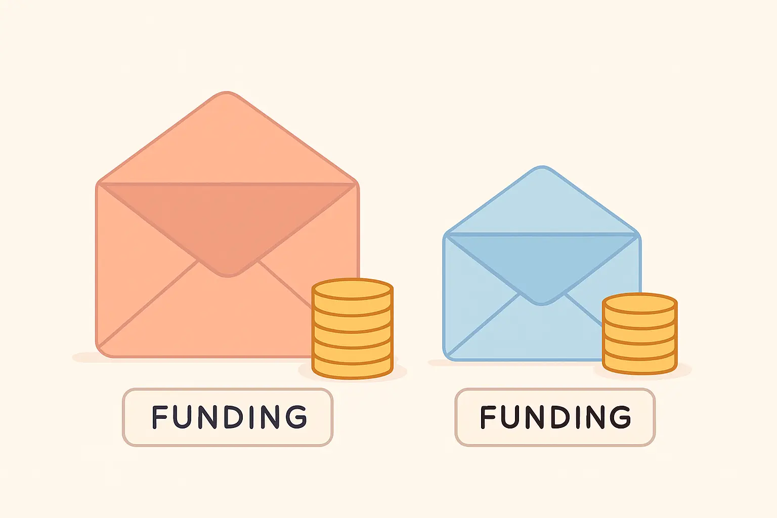 Flat vector illustration of two differently sized student funding envelopes representing undergraduate and postgraduate loan systems
