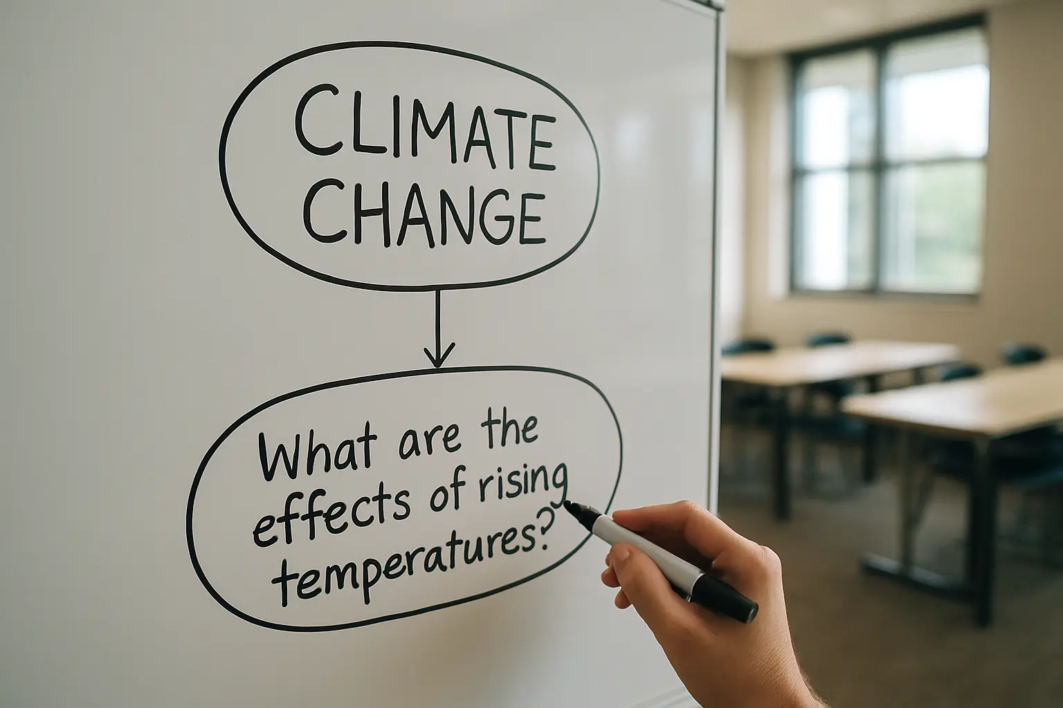 Photorealistic image of a researcher narrowing a broad research topic down on a whiteboard