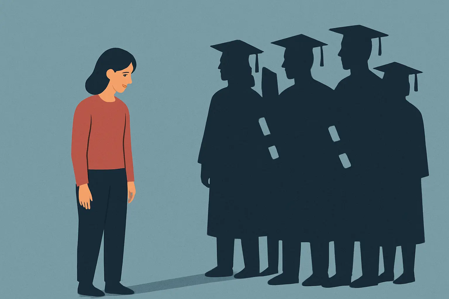 Illustration of a student figure standing apart from a group of graduates, symbolizing feeling like a fraud despite achievement