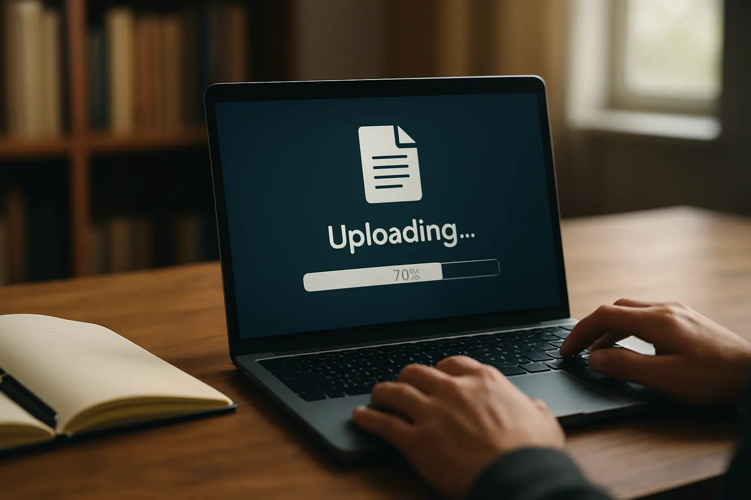 Photorealistic image of a thesis PDF being uploaded to a university submission portal