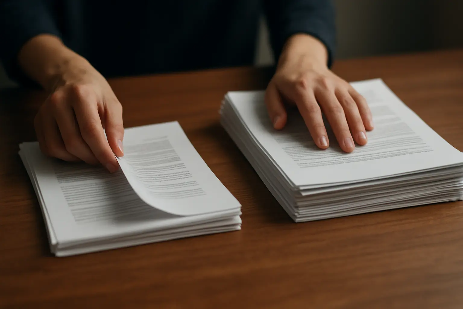 Hands sorting printed documents into a small selected pile and a larger discarded pile