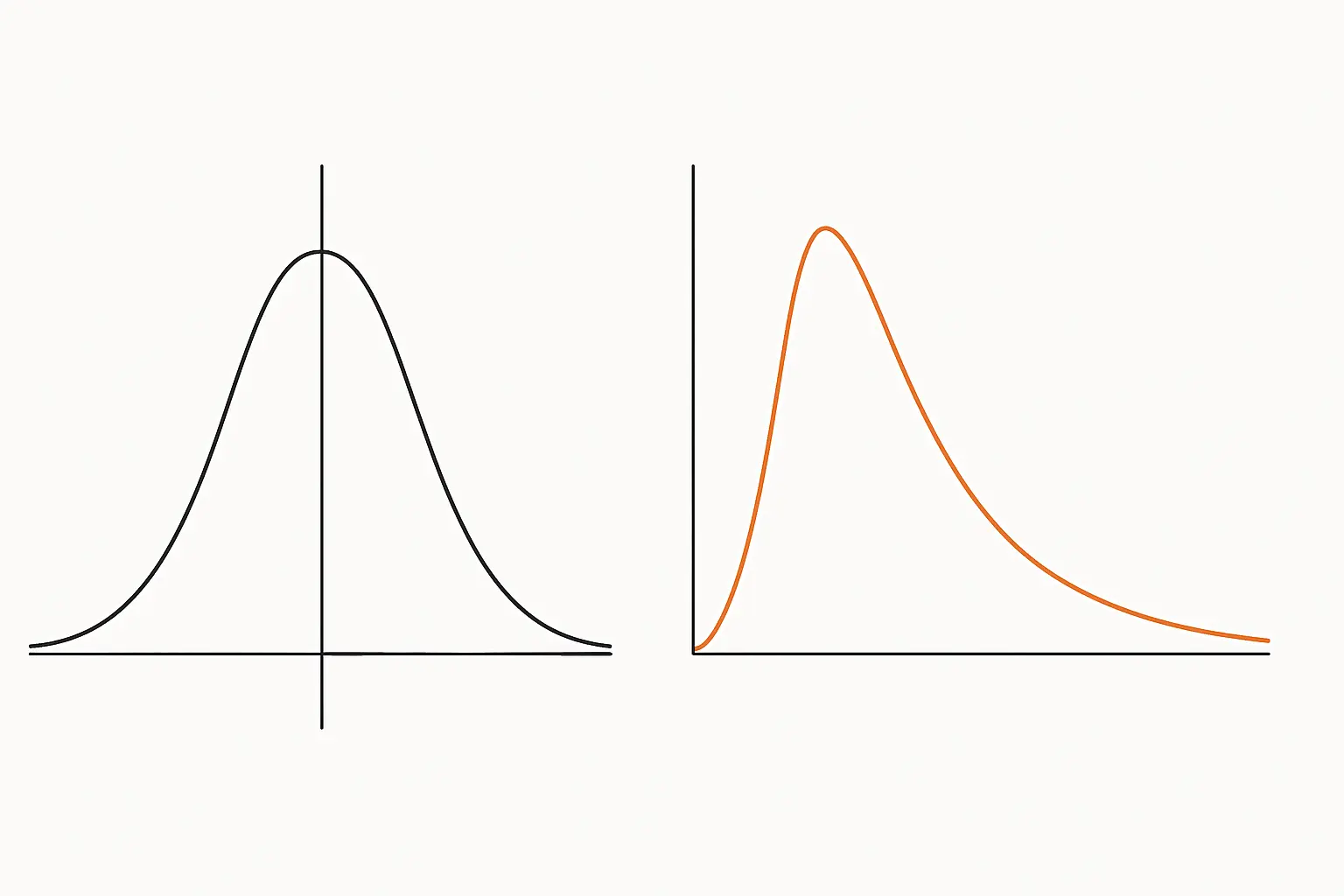 Minimalist line art comparing a skewed distribution with a symmetric normal curve