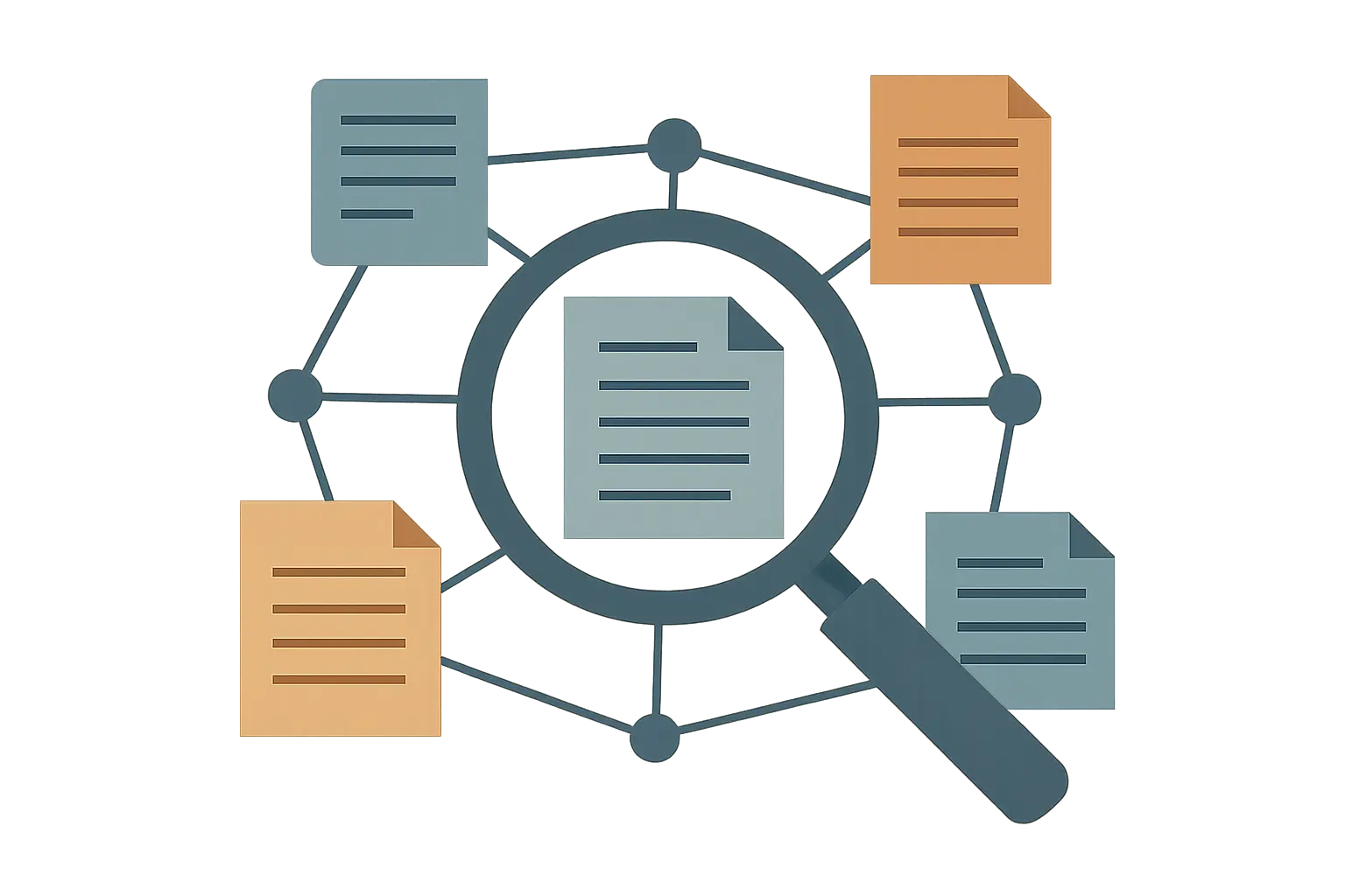 Illustration of a magnifying glass over a network of connected academic document icons representing literature search engines