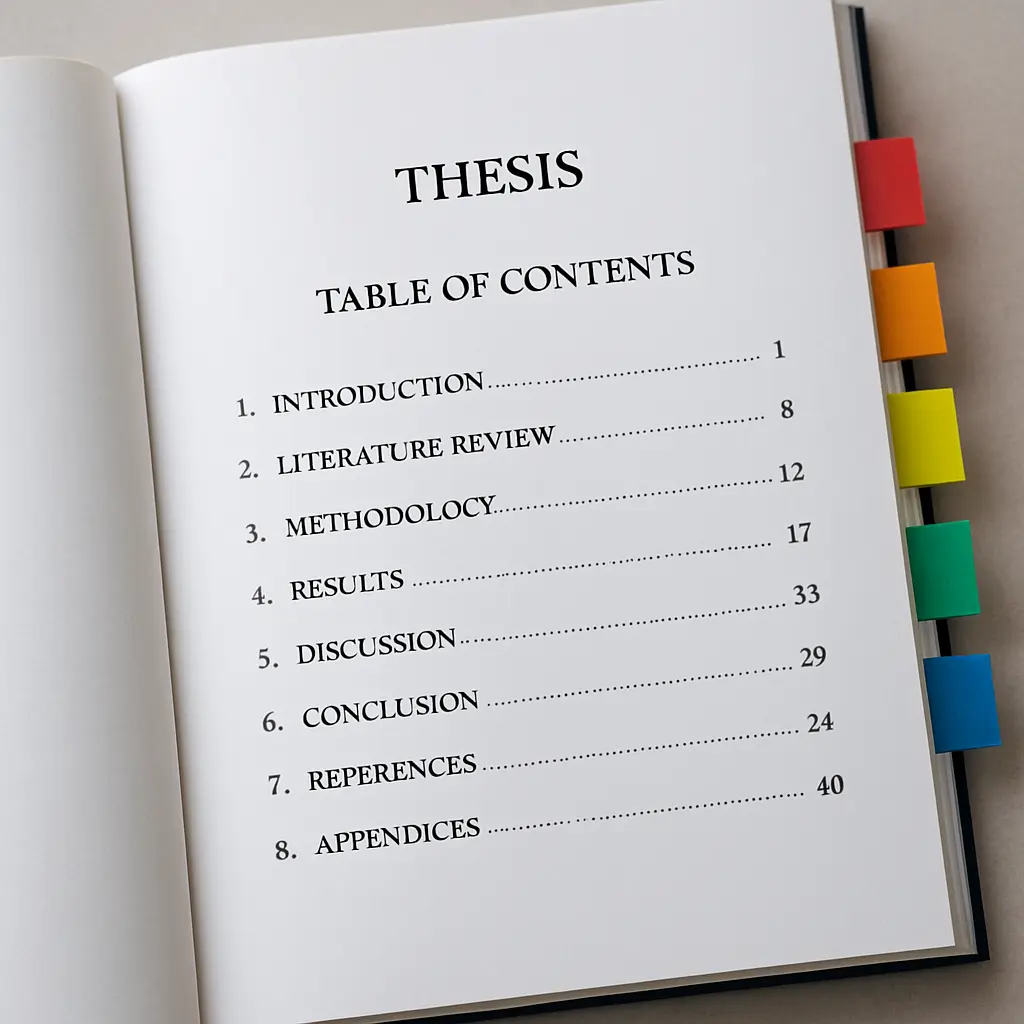 Open thesis document showing a table of contents page with page number tabs marked along the edge