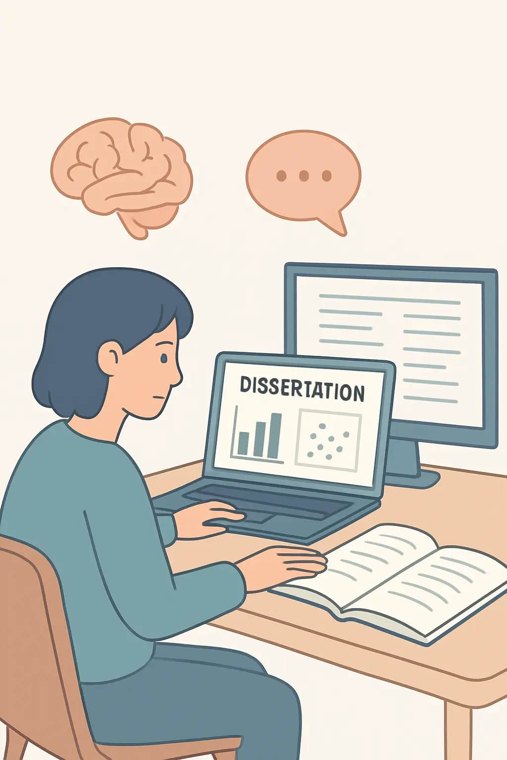 Psychology student working on dissertation with statistics charts and citations on screen
