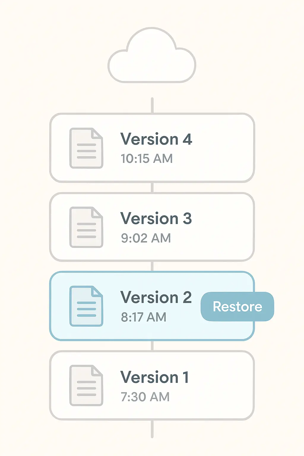 Flat vector illustration of a cloud storage version history list with earlier file versions