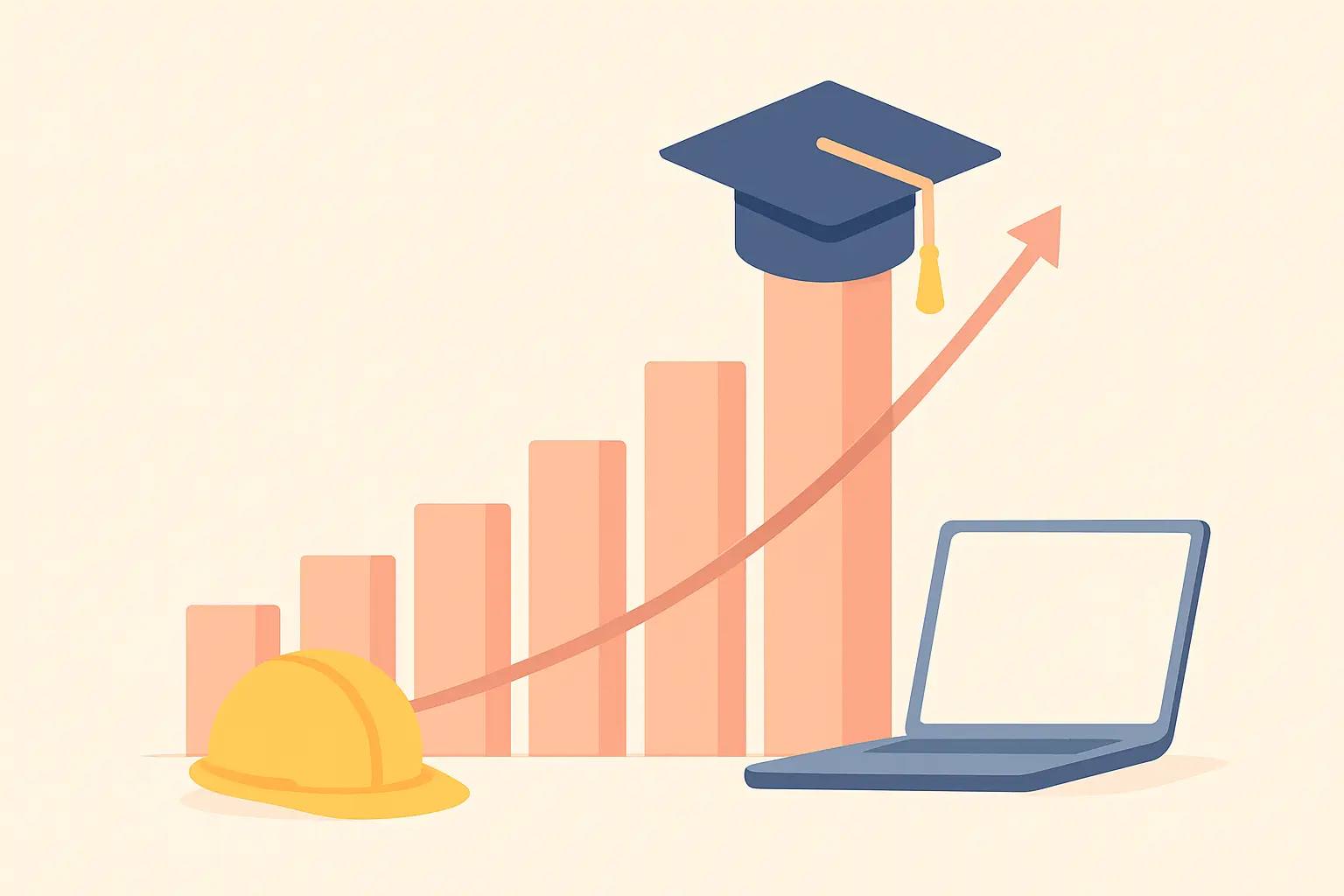 Flat vector bar chart showing rising degree apprenticeship starts with a graduation cap on the tallest bar