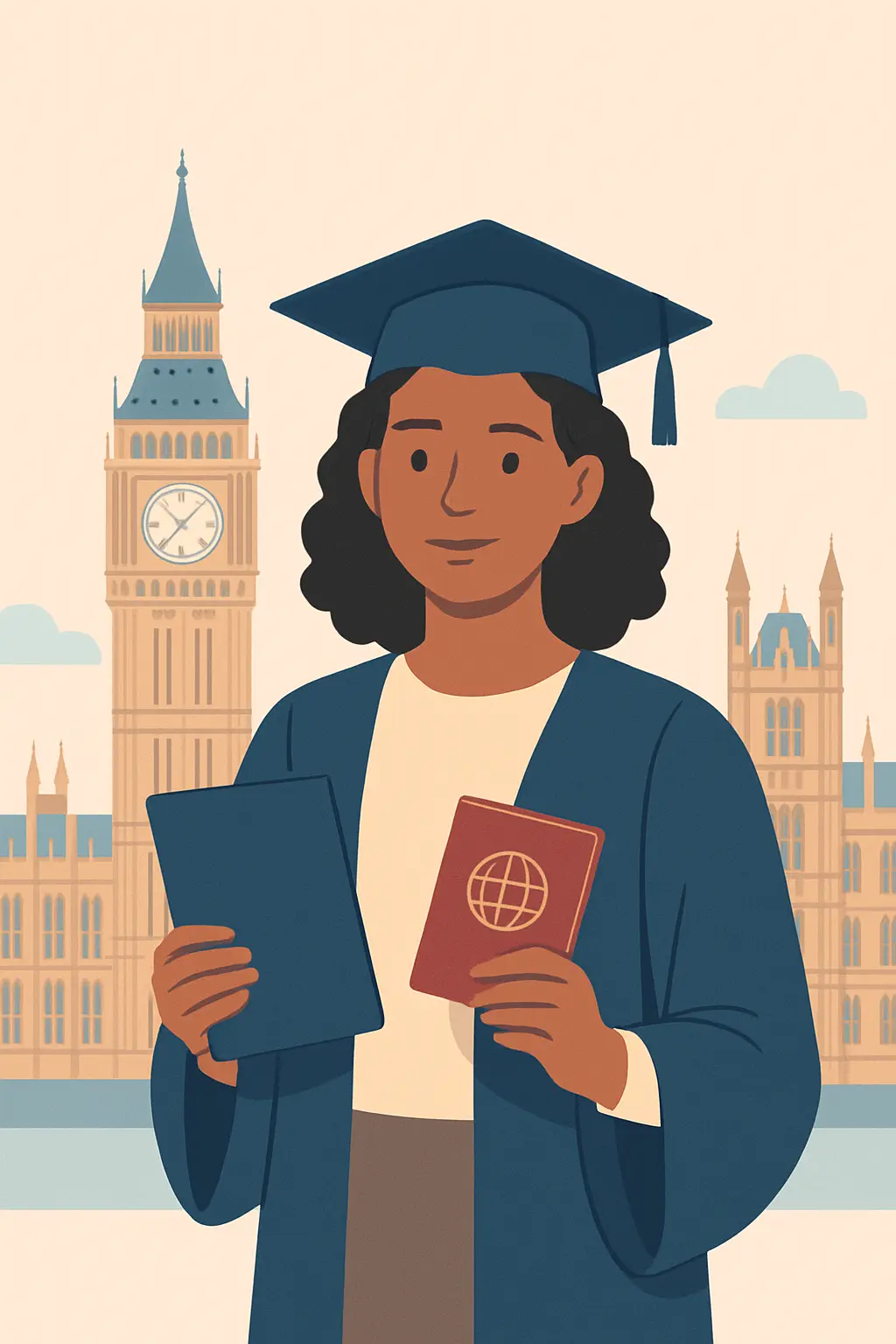 Illustration of an international scholar with UK landmarks representing the Chevening Scholarship