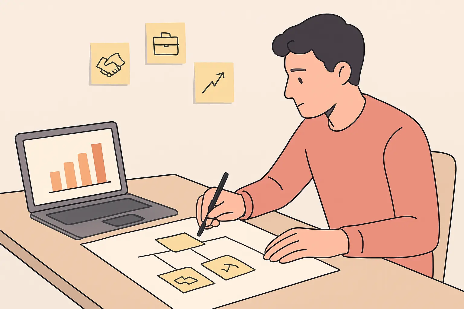 MBA student planning an organizational case study with charts and sticky notes