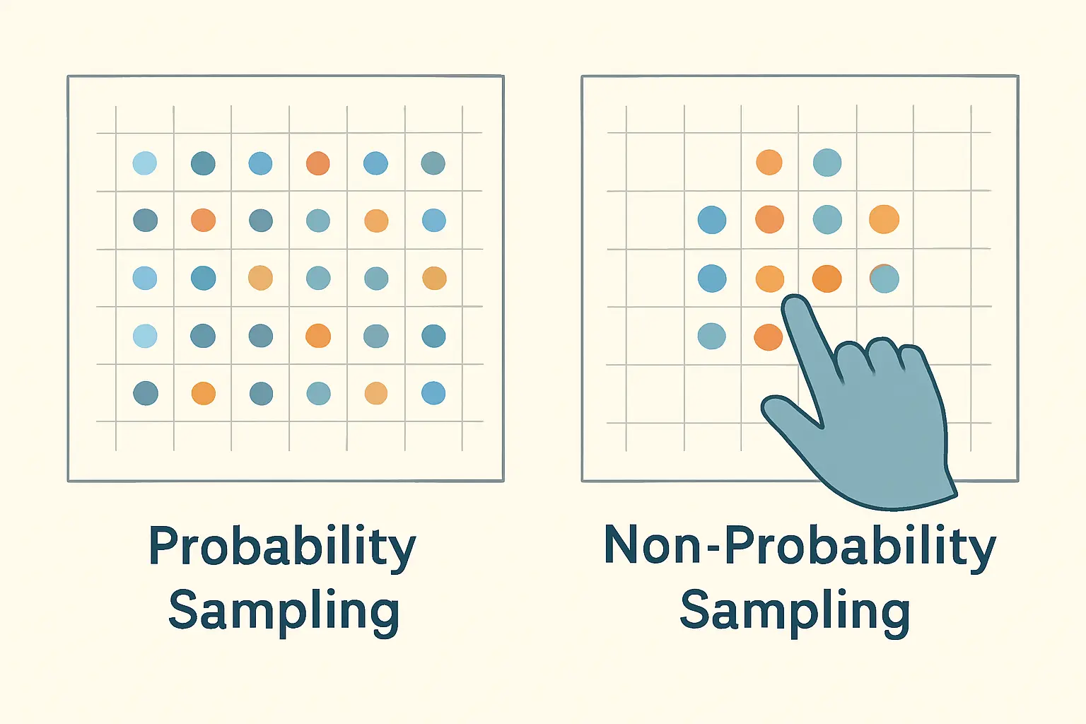 Diagram contrasting random probability sampling with deliberate non-probability sampling patterns