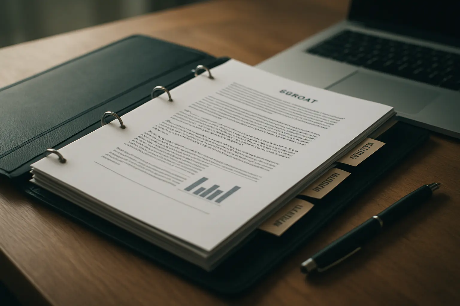 Open ring binder portfolio with tabbed dividers and printed evidence documents on a desk
