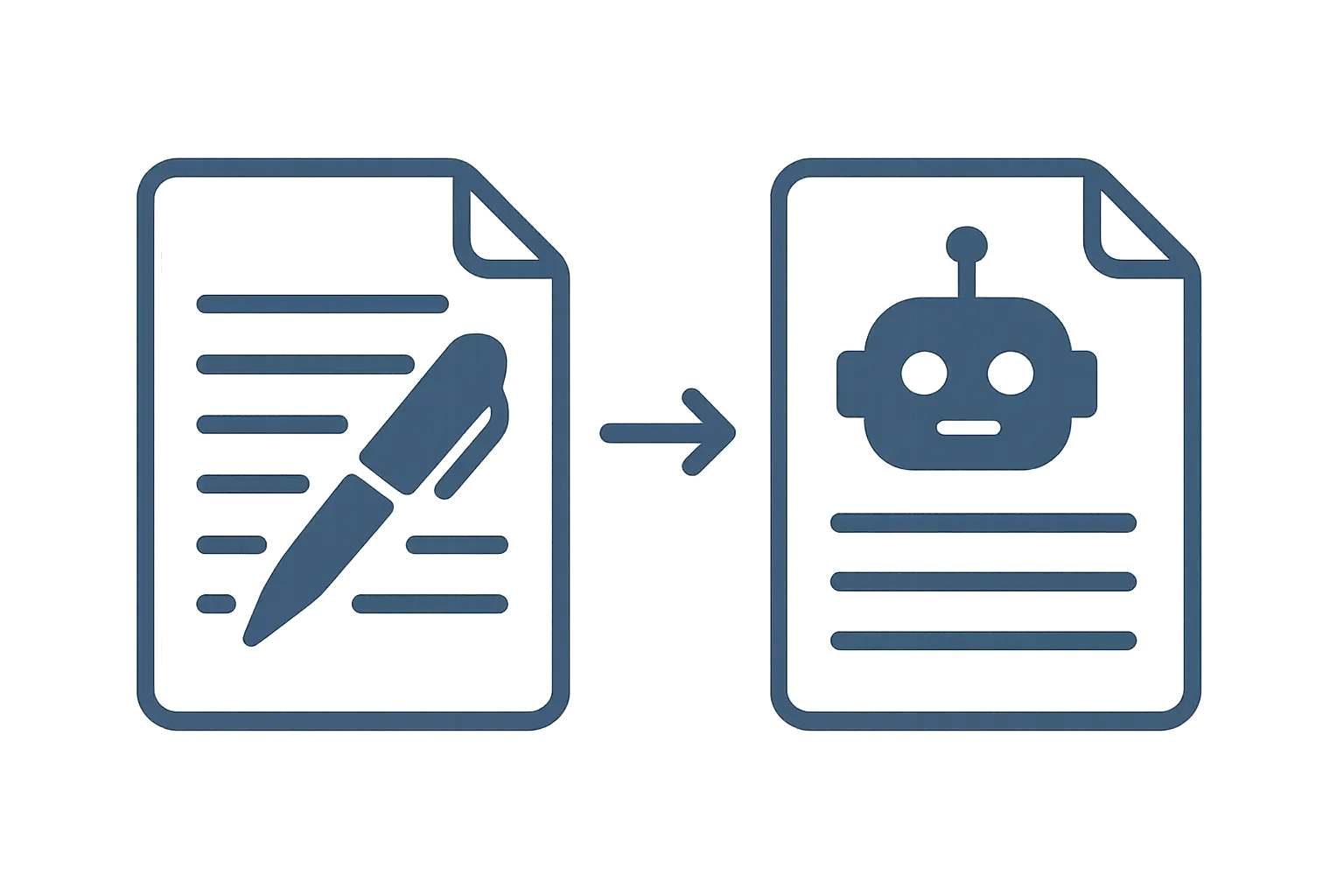 Illustration comparing a human-written document and an AI-written document side by side with contrasting icons
