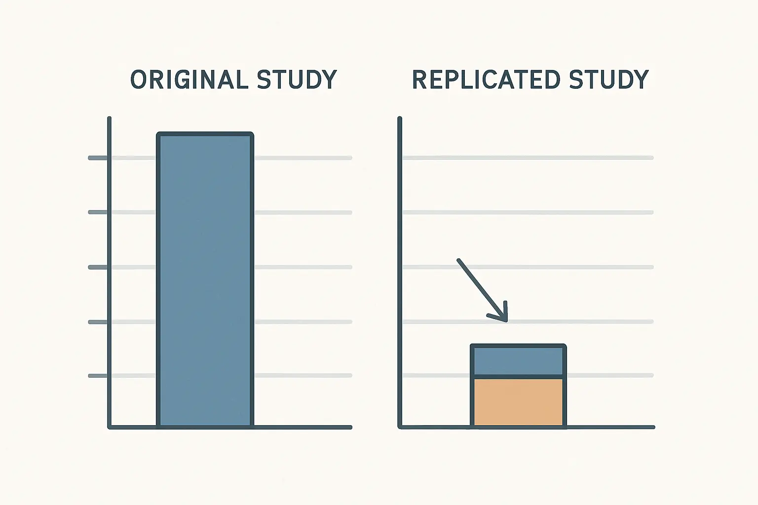 Editorial illustration of two comparative bar charts representing original versus replicated study effect sizes