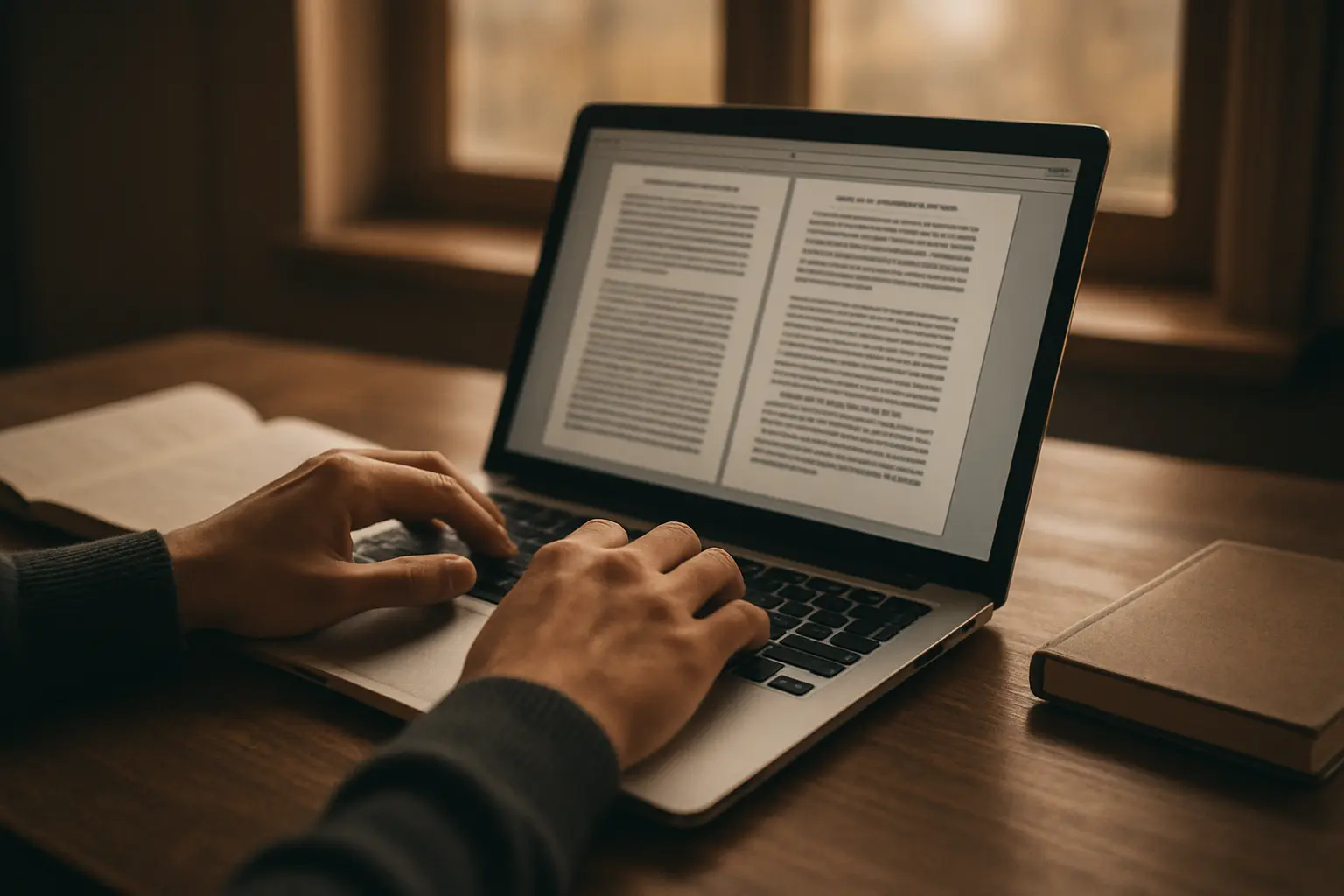 Graduate student comparing chapter summaries side by side while drafting a thesis conclusion