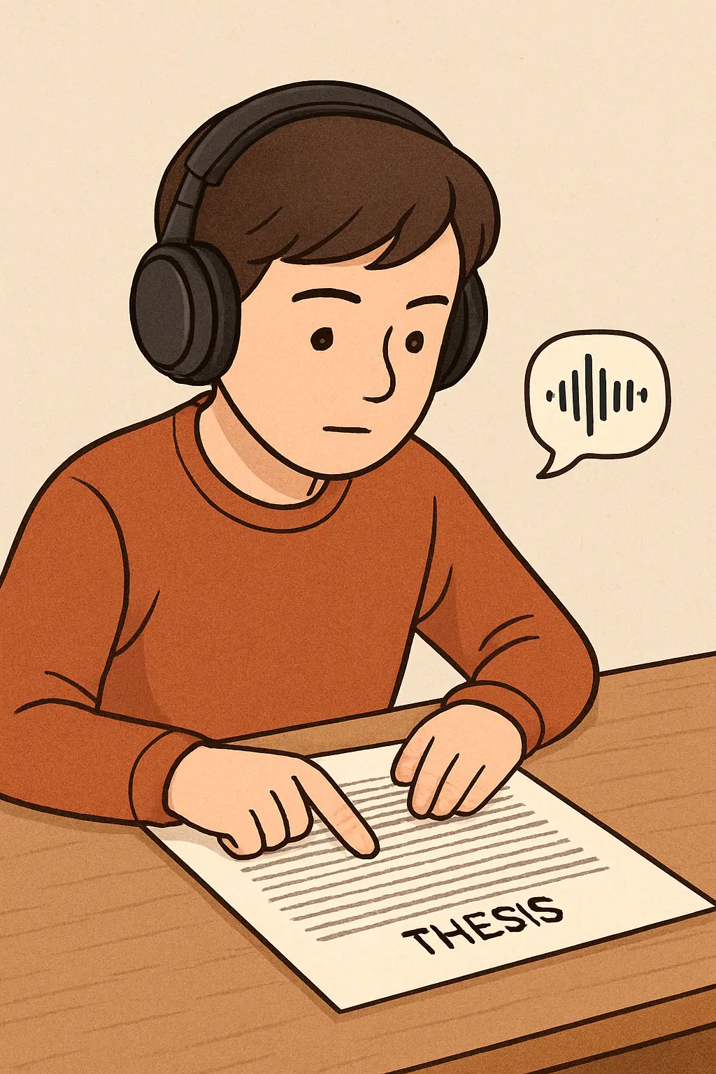 Student wearing headphones listening to text-to-speech while following along on a printed thesis page