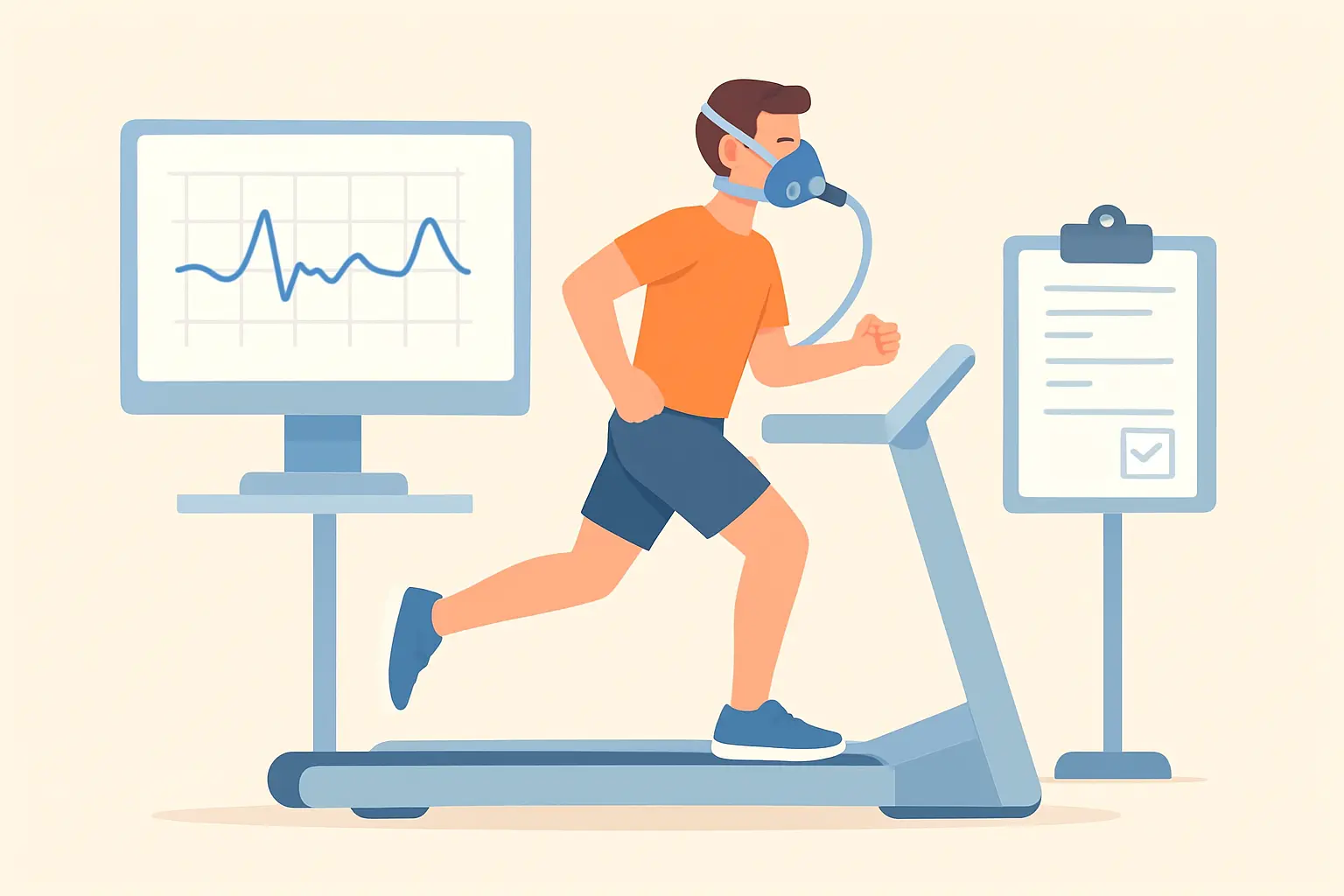 Flat vector illustration of a sports science laboratory with treadmill testing and physiological data on a monitor