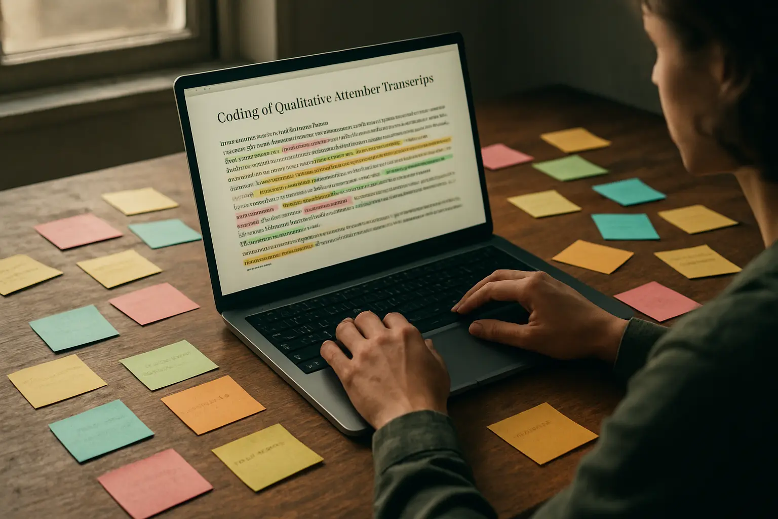 Researcher coding qualitative interview data with sticky notes on a desk
