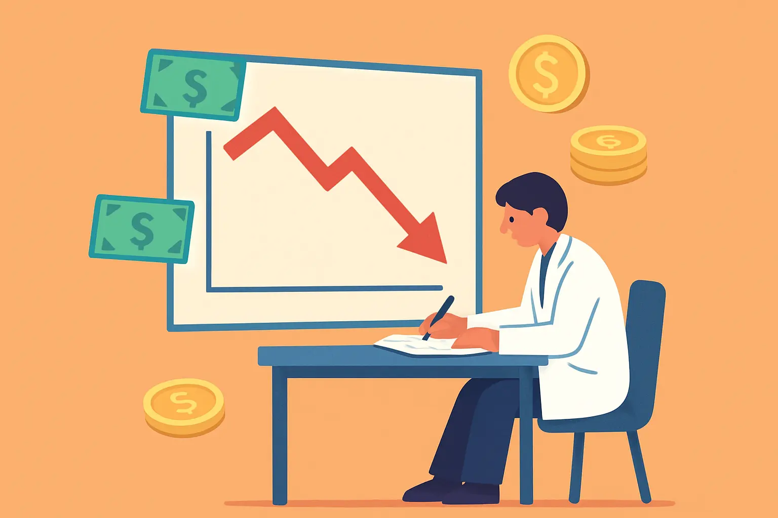 Illustration of a researcher looking at a declining funding graph with grant money icons