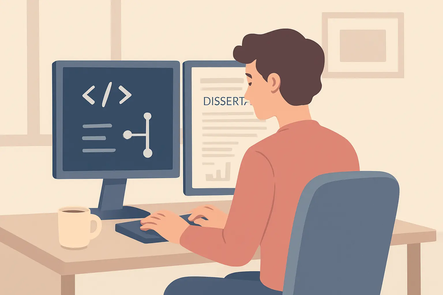 Computer science student working on code and dissertation write-up side by side