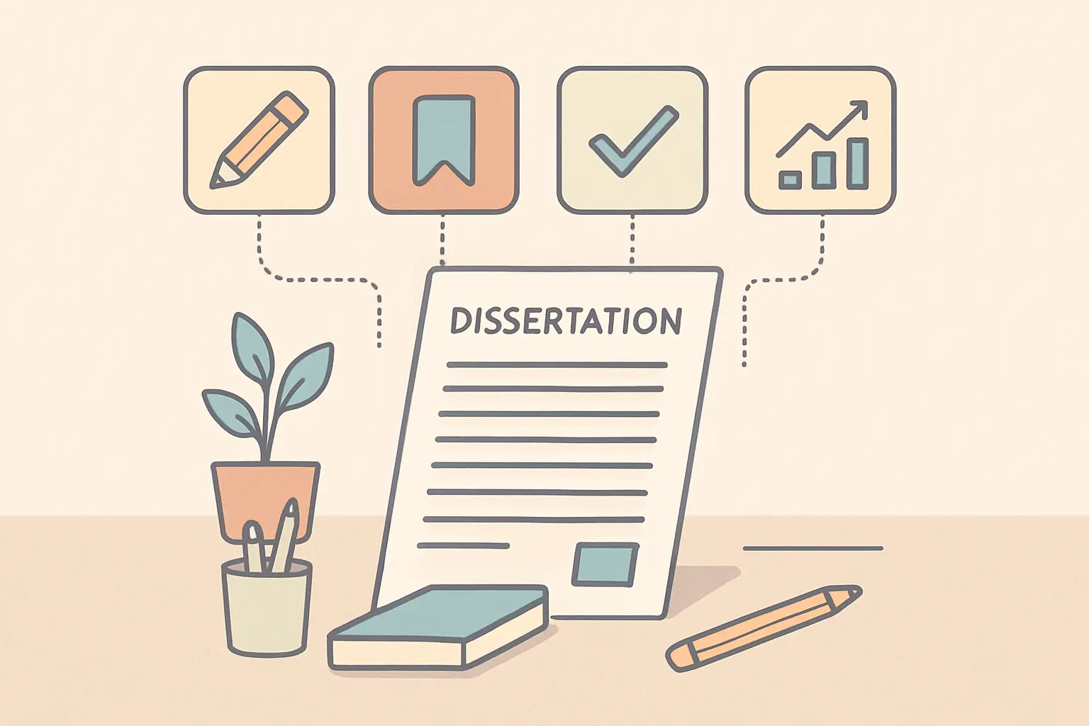 Four different dissertation tools connected to a central document representing a combined workflow