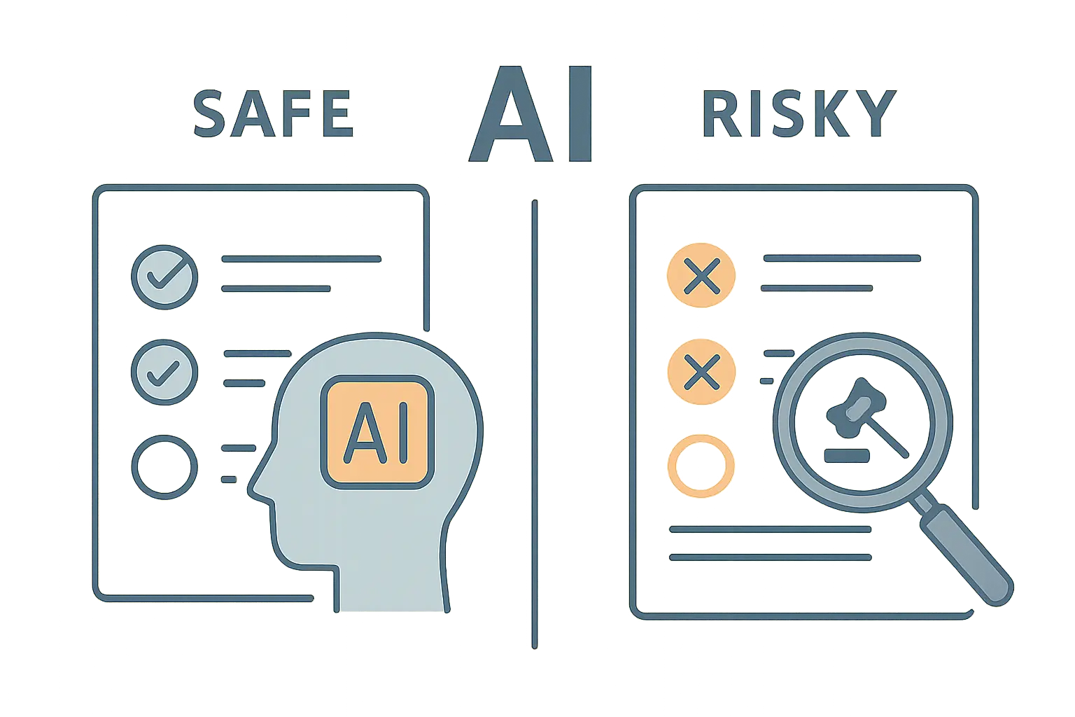 Checklist illustration contrasting safe and risky AI uses for legal dissertation writing