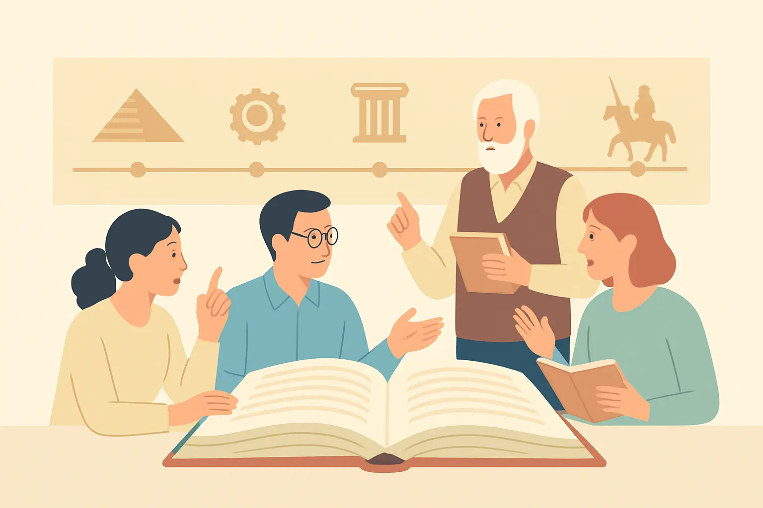 Pastel flat vector illustration of historians debating around an open book with a historical timeline