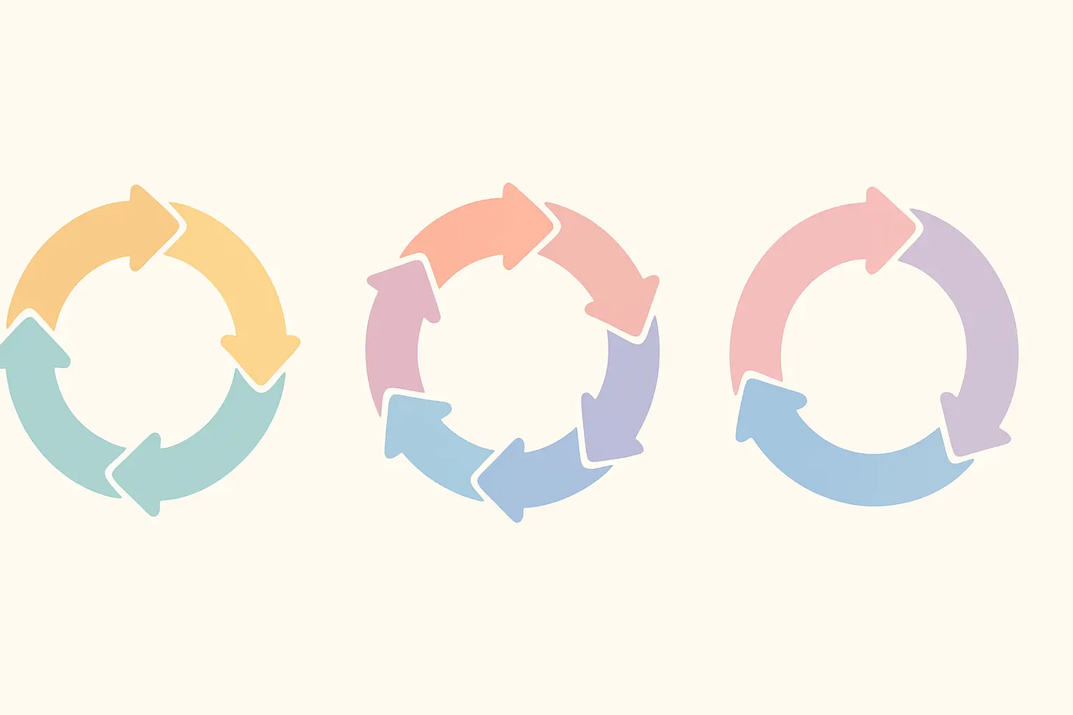 Flat vector illustration comparing three reflective practice cycles with four, six and three stages