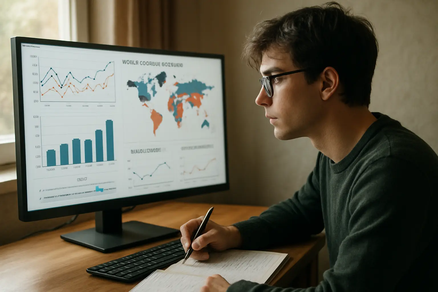 Economics student reviewing macroeconomic data visualizations on a monitor