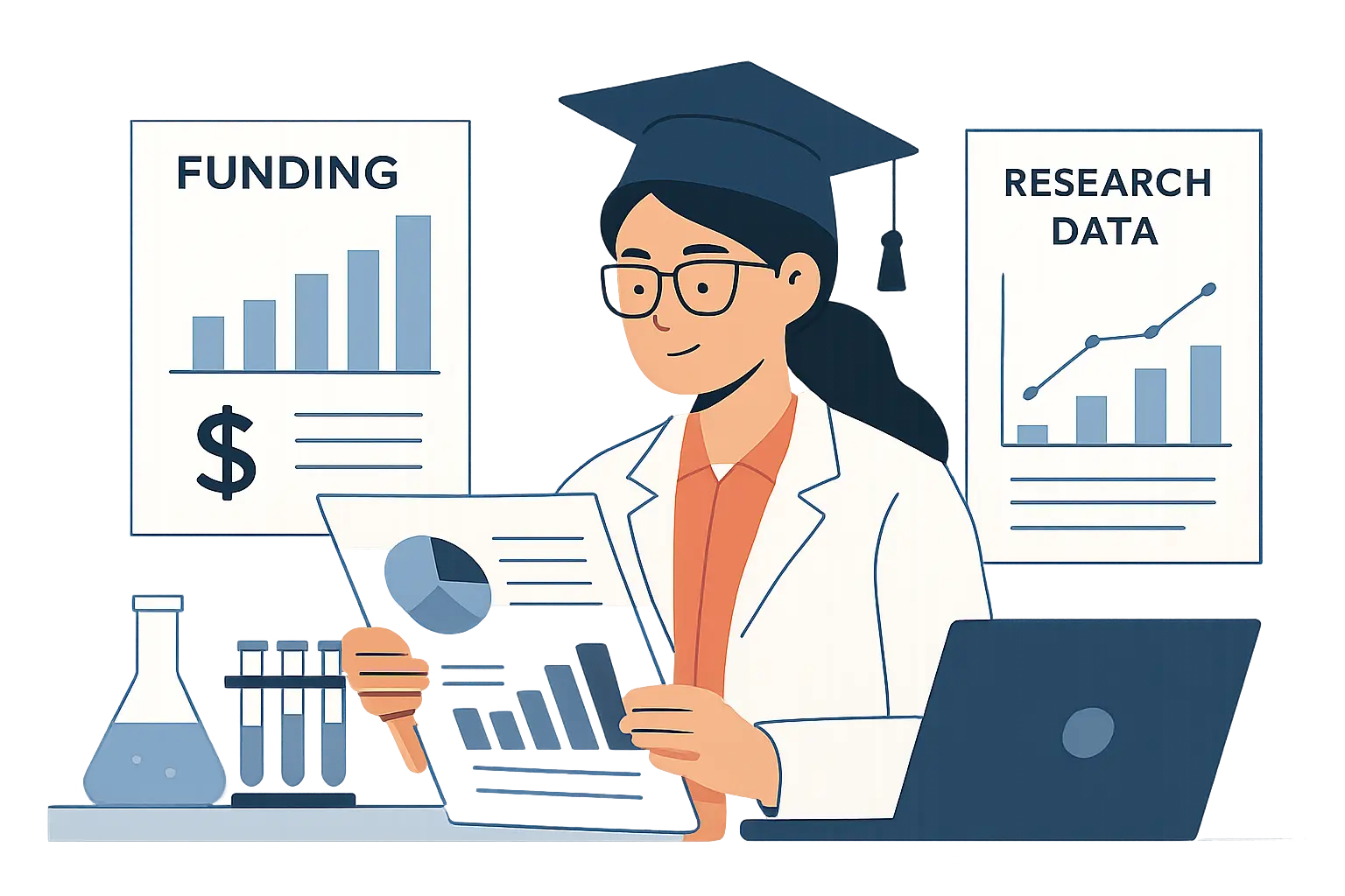 Engineering PhD student reviewing completion and funding statistics in a lab setting