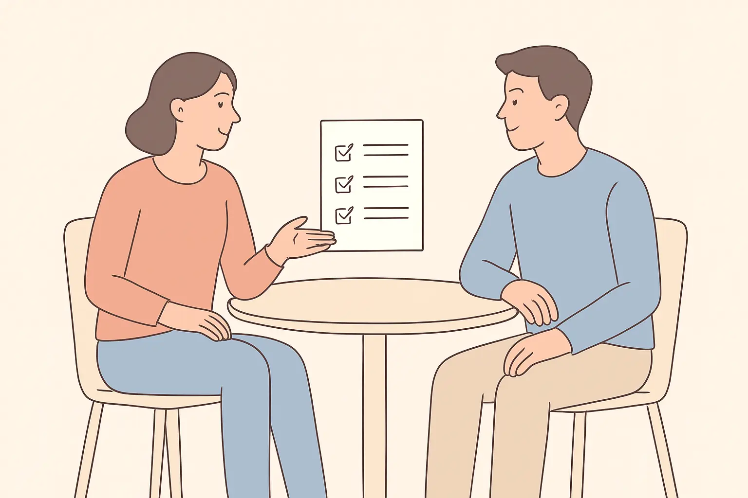 Flat vector illustration of a study needs assessment conversation between an assessor and a student