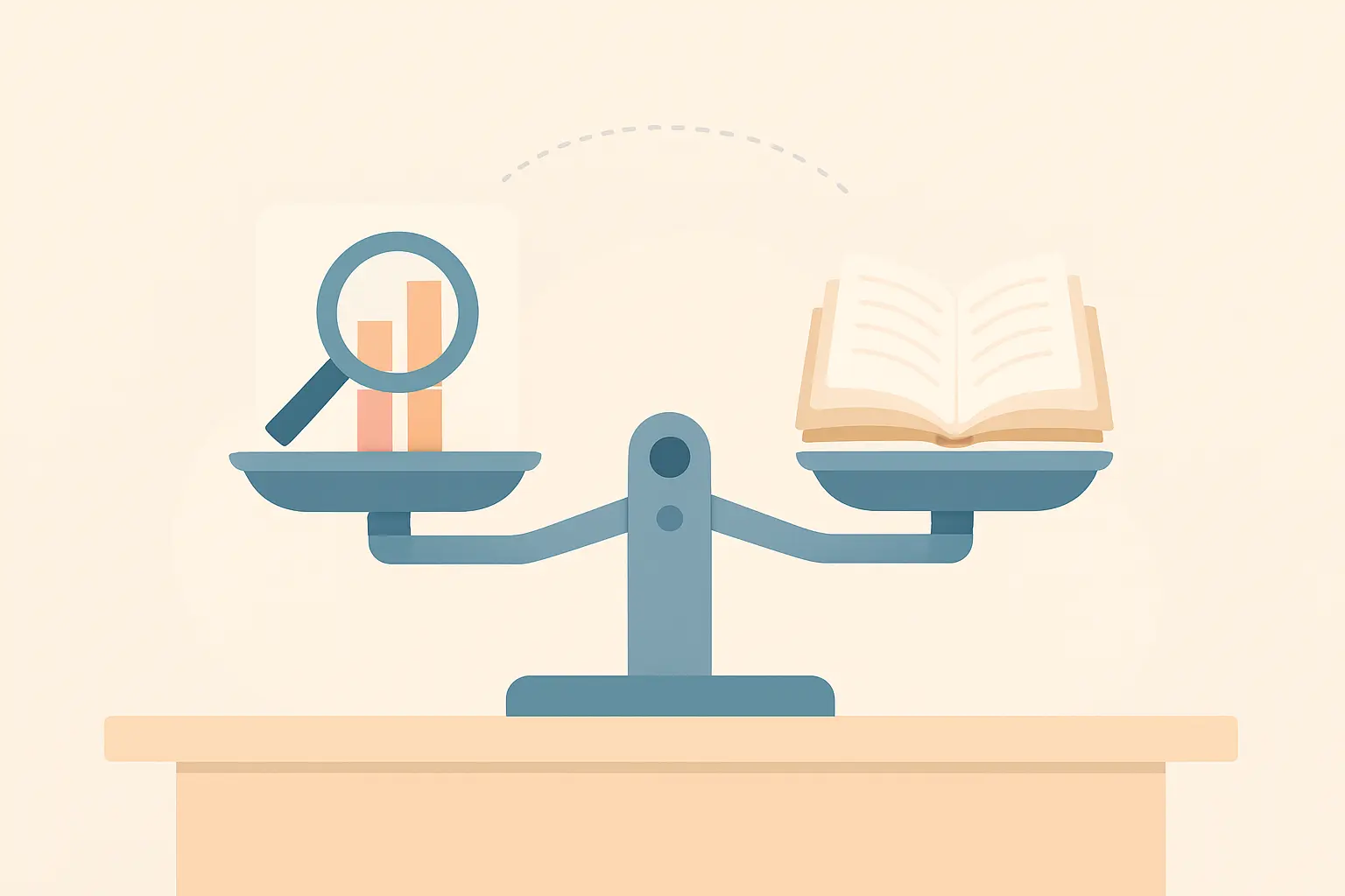 Balance scale weighing a results chart against a stack of books, with a magnifying glass and a confidence-interval bracket, representing interpretation in a psychology discussion chapter