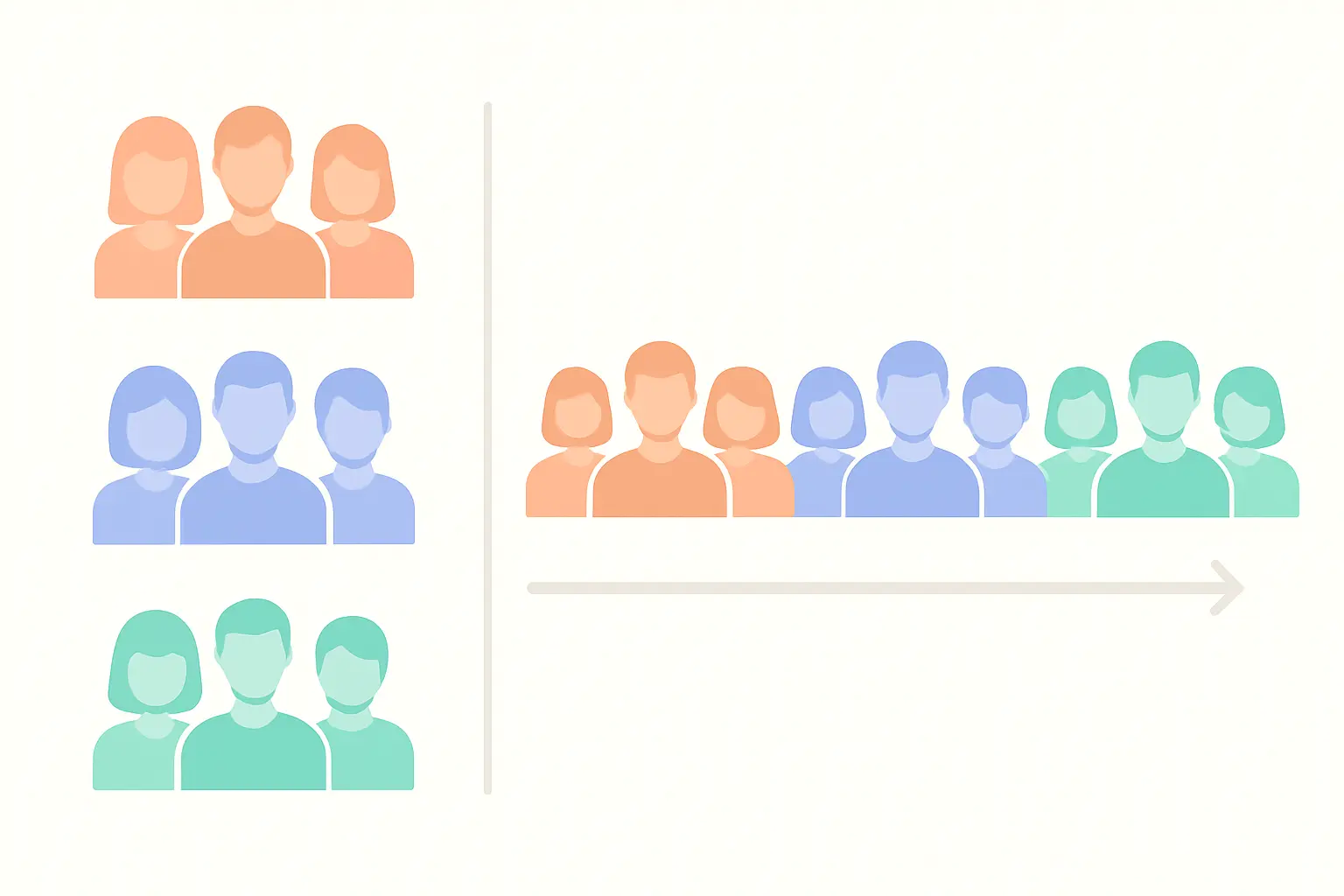 Flat vector illustration contrasting three separate groups with one group measured three times