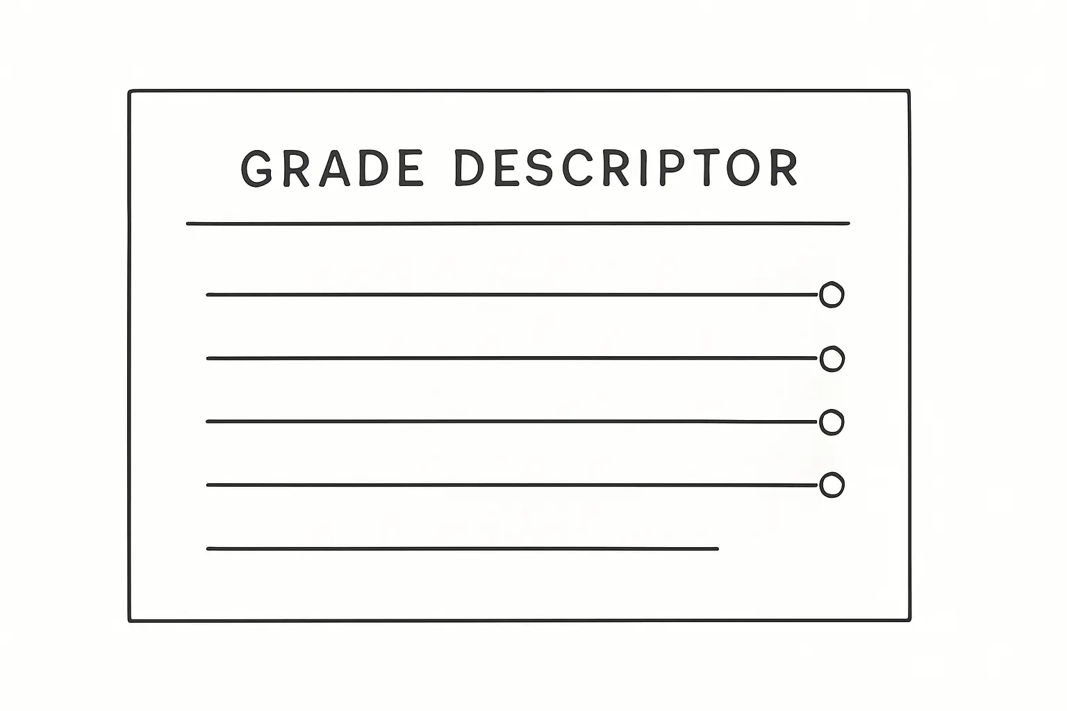 Line art illustration of a grade descriptor document with criteria linked by leader lines to annotation markers