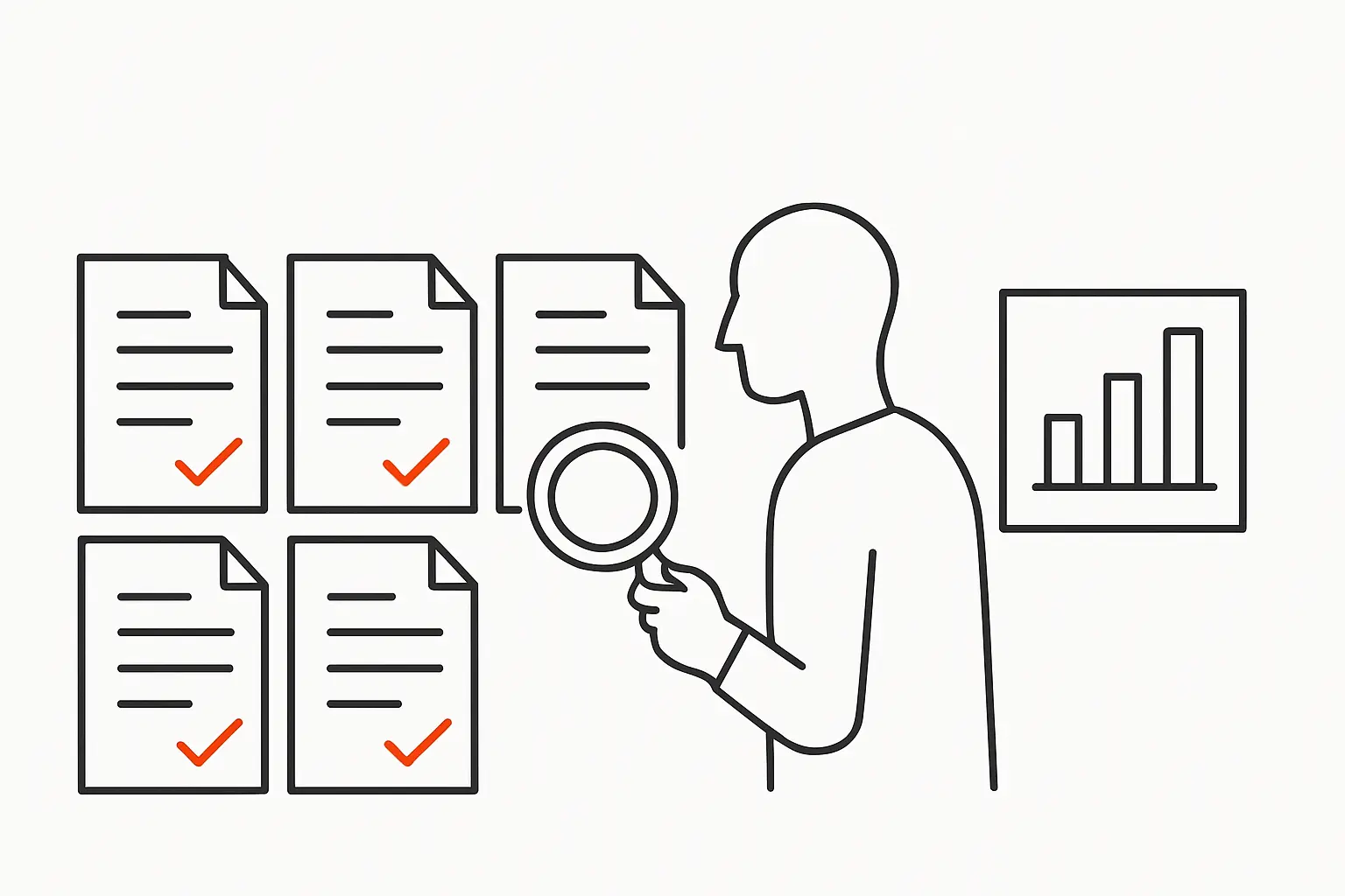 Line art illustration of a second reviewer checking a row of marked scripts alongside a simple chart