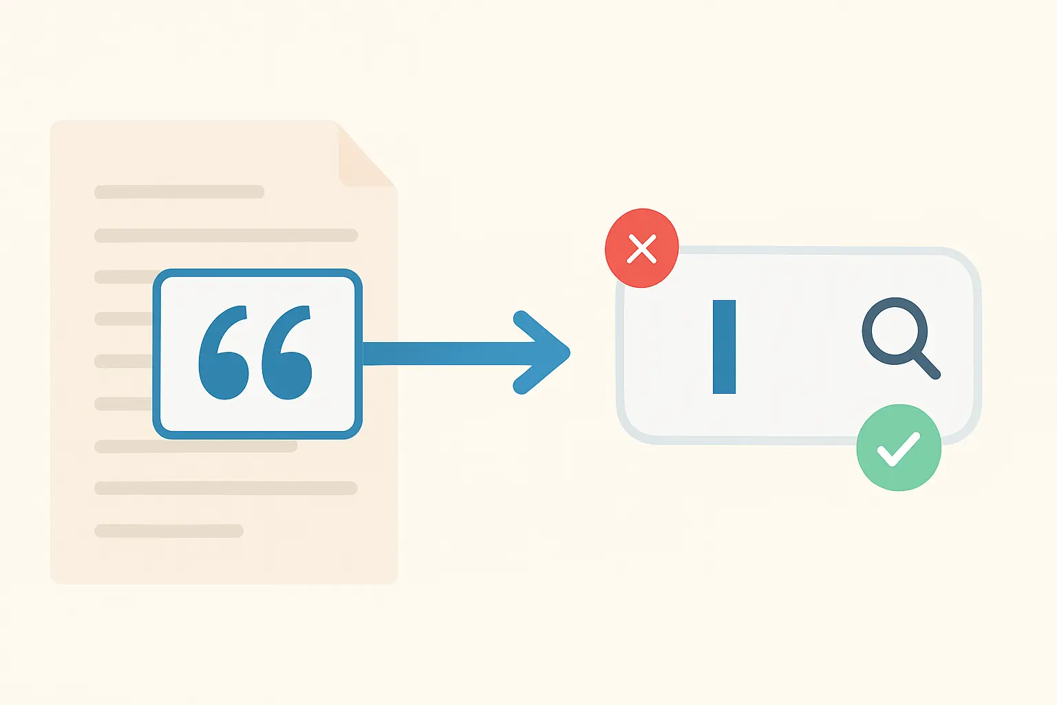 Flat vector illustration of curly smart quotes causing a search error versus straight quotes succeeding