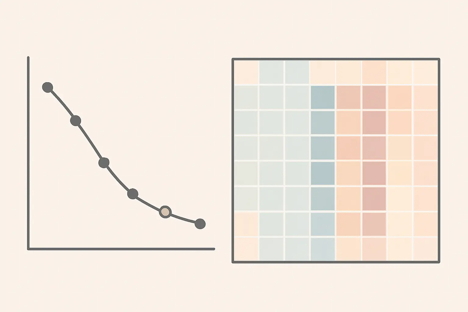 Flat vector illustration of a scree plot elbow beside a rotated pattern matrix with three loading blocks