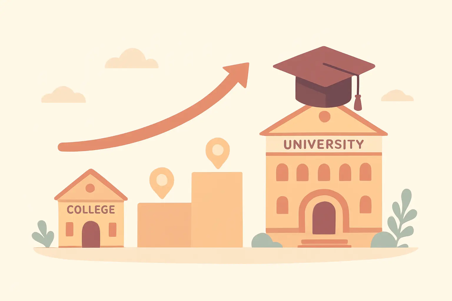Flat vector illustration showing progression from a college course through intermediate stages to an honours degree at a university
