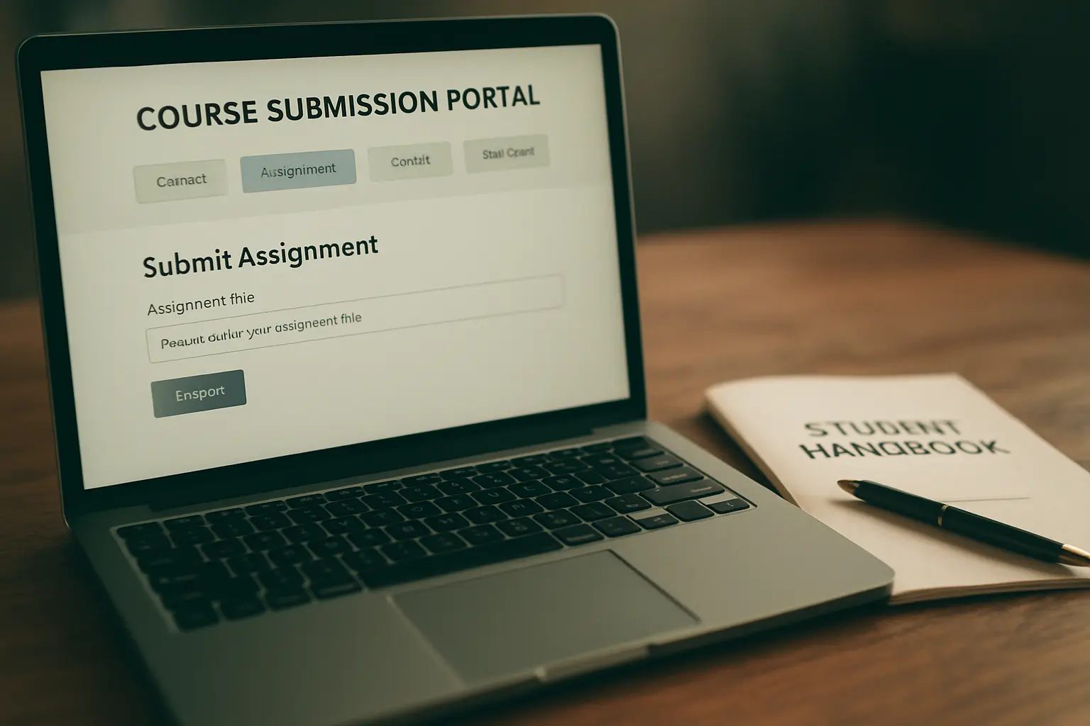 A laptop showing an online course submission portal beside a printed handbook on a desk