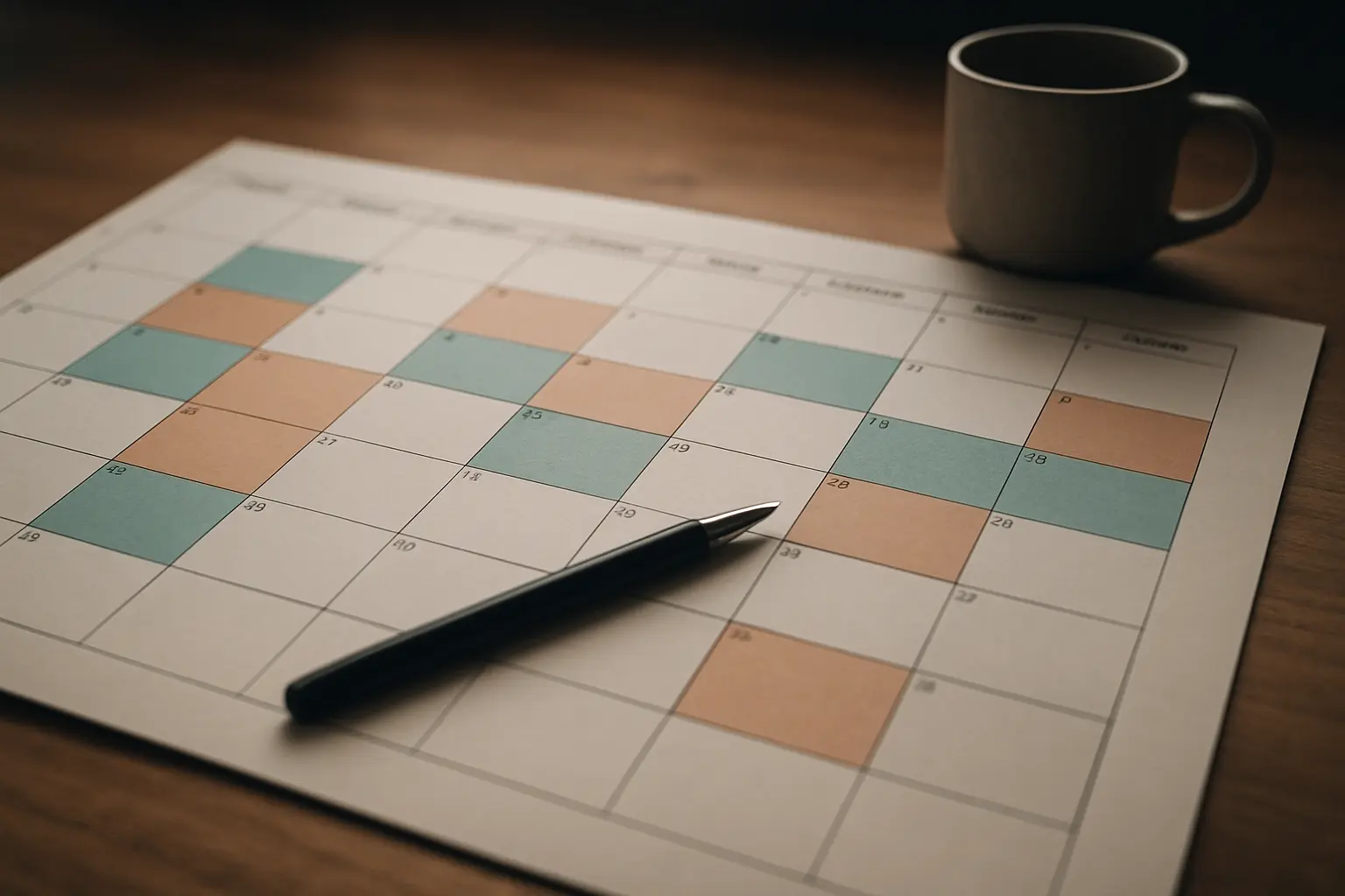 A wall planner with coloured blocks marking alternating placement and study periods