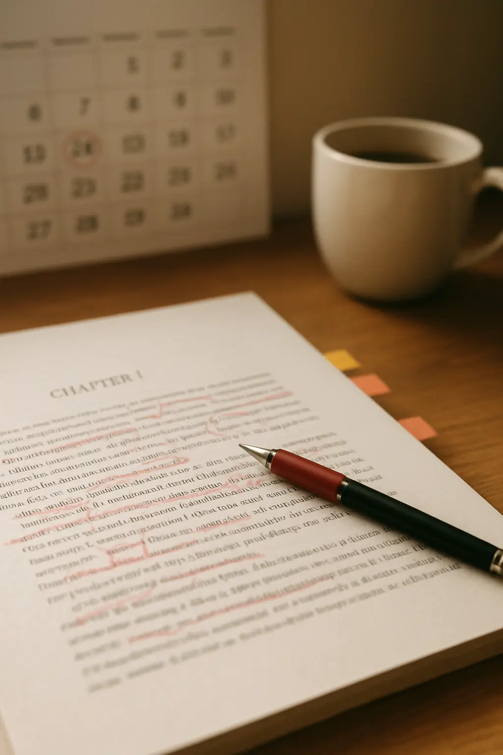 A calendar with circled dates beside a dissertation chapter covered in red pen feedback and sticky tabs