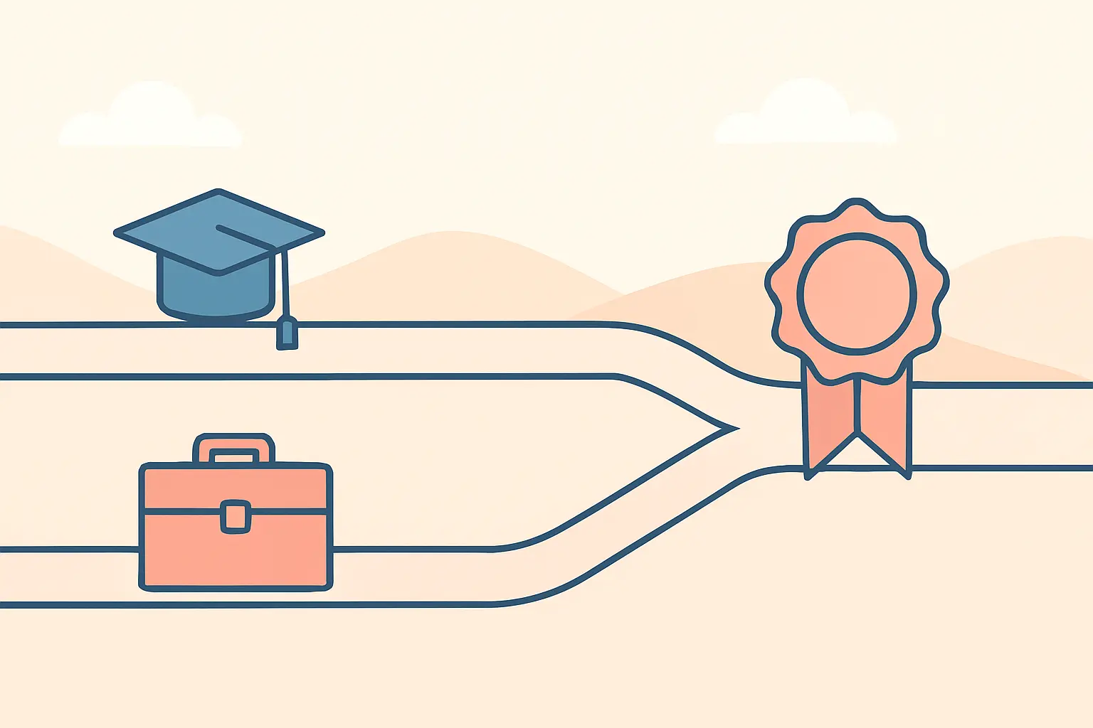 Flat vector illustration of an academic route and an experience route converging on the same professional registration