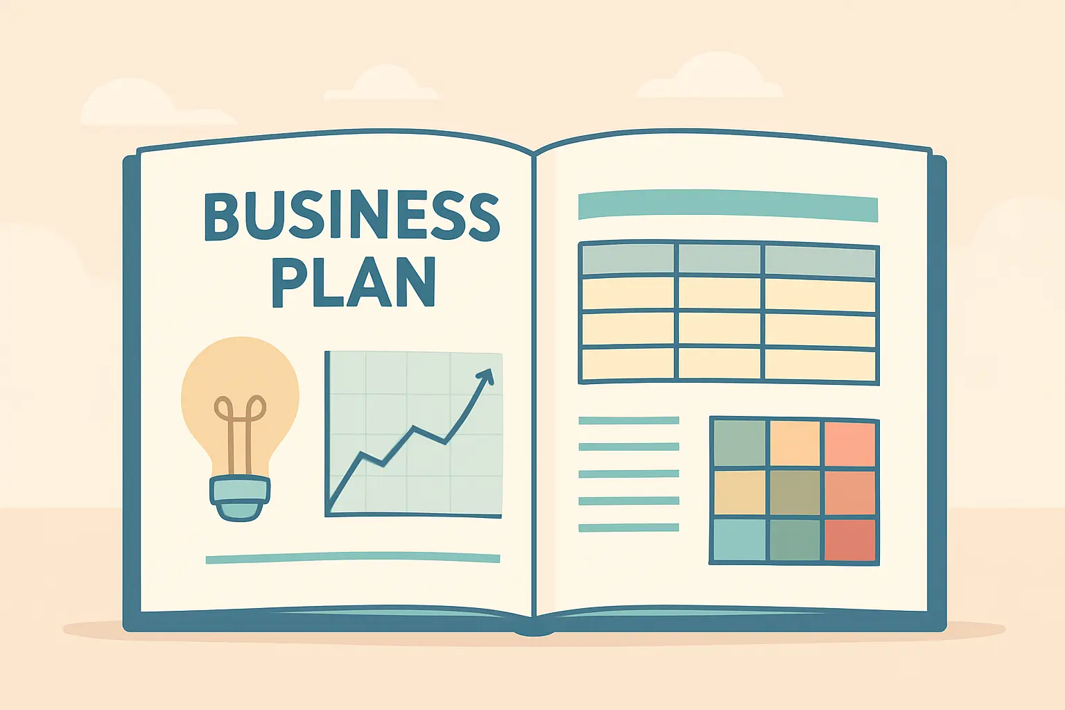 Flat vector illustration of a business plan document showing a market chart, financial table and risk grid