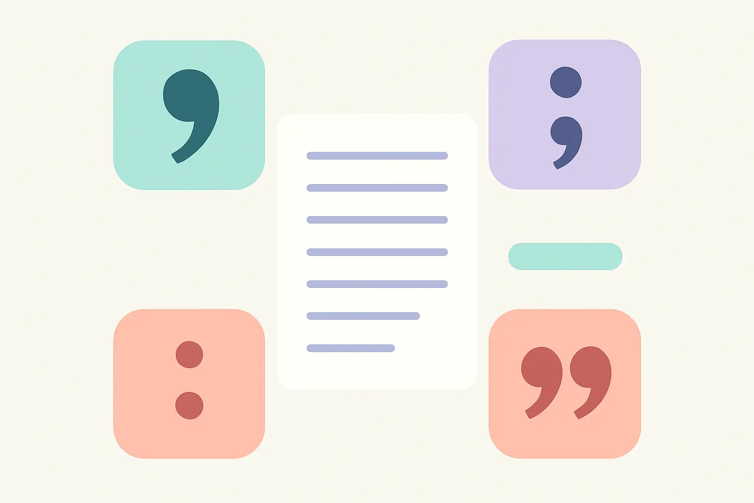 Illustration of punctuation marks arranged around a page of academic prose