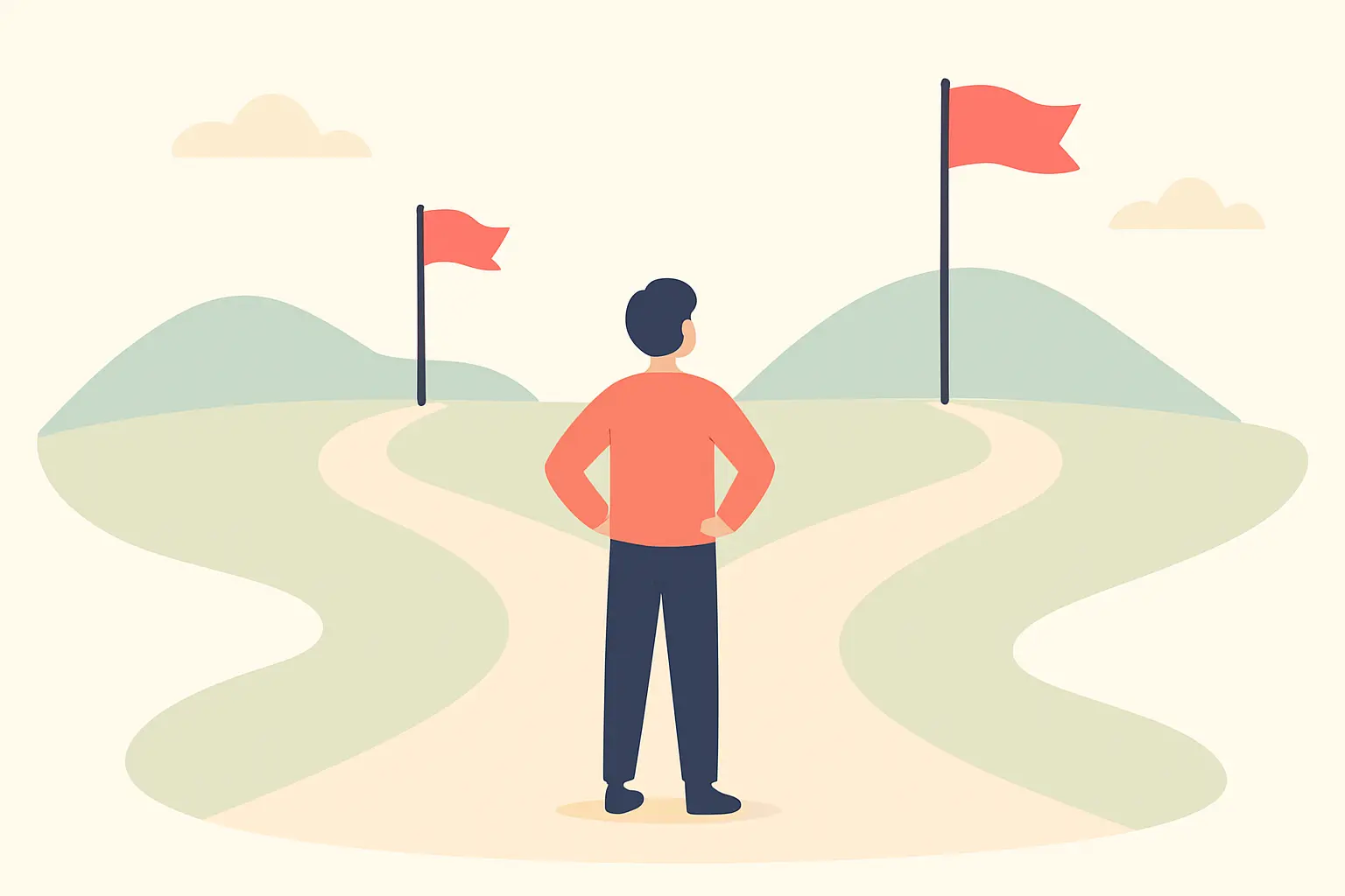 Flat vector illustration of a student at a fork in a path weighing two onward routes