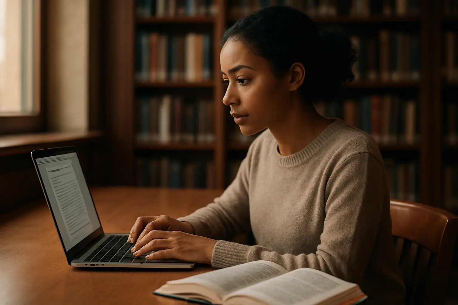 International postgraduate student revising an English-language thesis chapter at a desk
