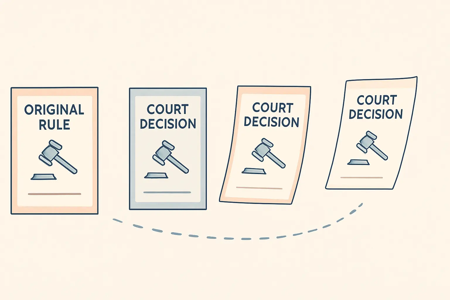 Flat vector illustration of successive decisions drifting from an original rule, showing doctrinal strain