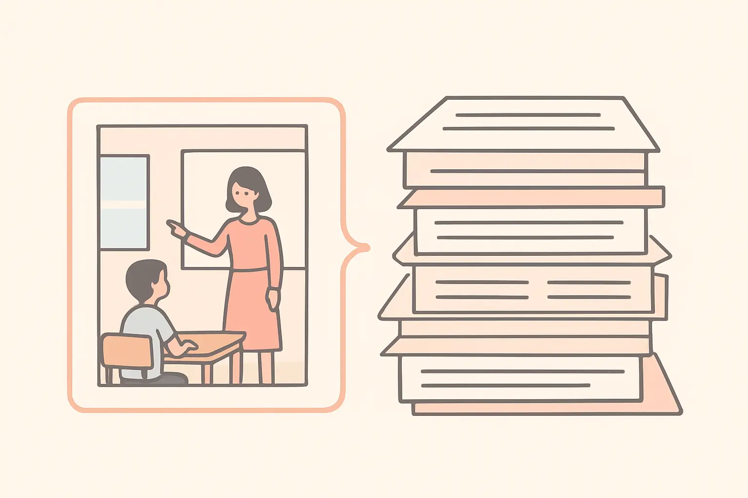 Flat vector illustration contrasting a single classroom moment with a wide body of research literature