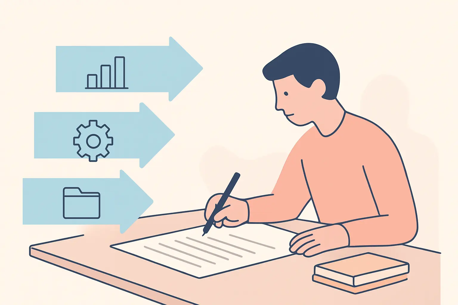 Flat vector illustration of an apprentice drafting a work-based project report with workplace evidence feeding into it