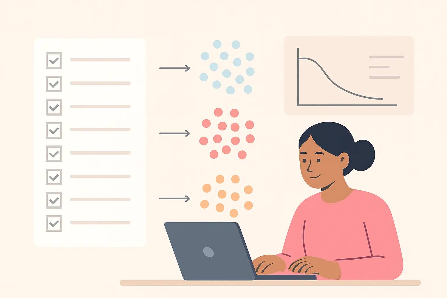 Flat vector illustration of questionnaire items grouping into three extracted factors in SPSS