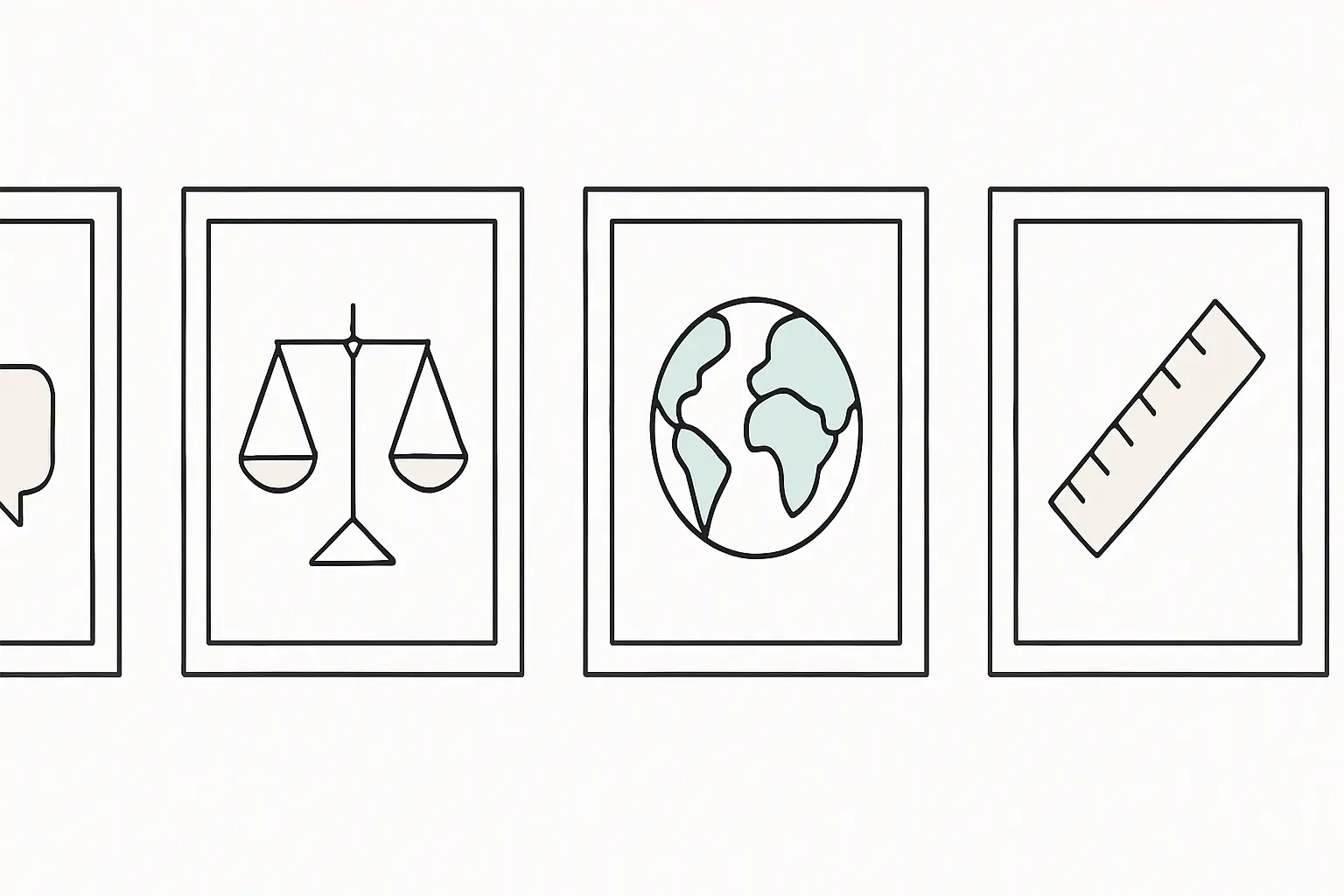 Minimalist line art of four panels representing semantic, idiomatic, experiential and conceptual equivalence